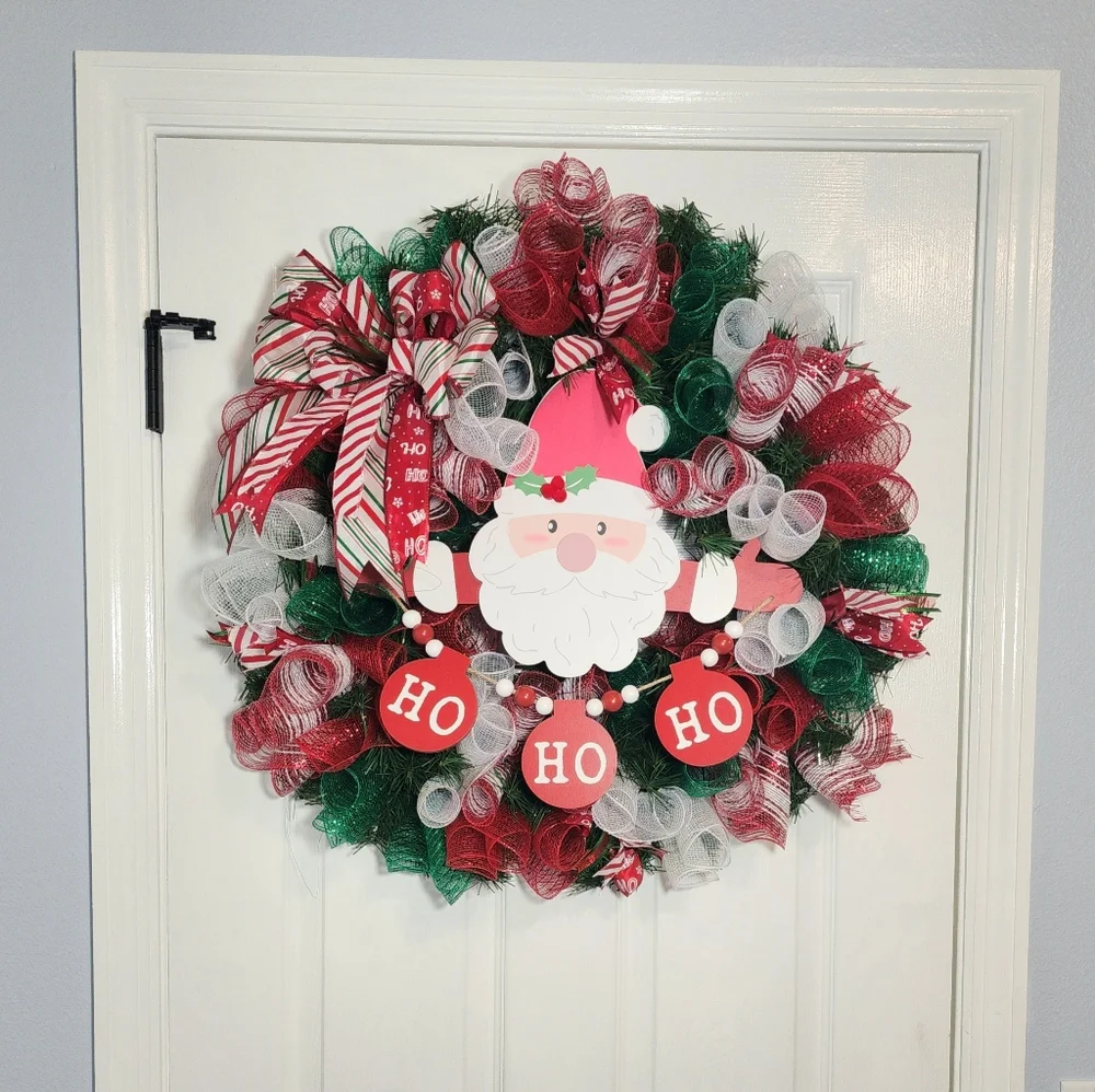 Festive SANTA HO HO HO Holiday Christmas Wreath - Red, Green, White